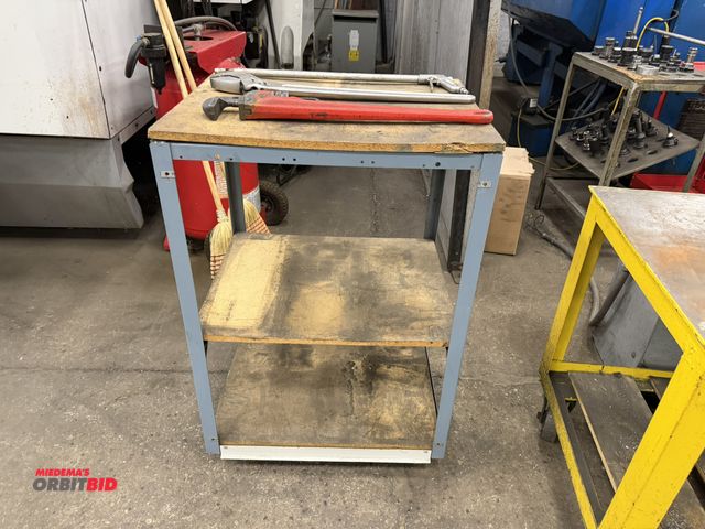 Lot 1-15433 - (1) rolling, 3-tier little metal shop cart with wood top, 26" wide, includes Crescent 2 7/16" x 24" ...