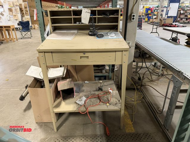 Lot 1-17424 - (1) 34" width x 44" height x 30" depth steel foreman's desk with lower shelf and single drawer, cont...