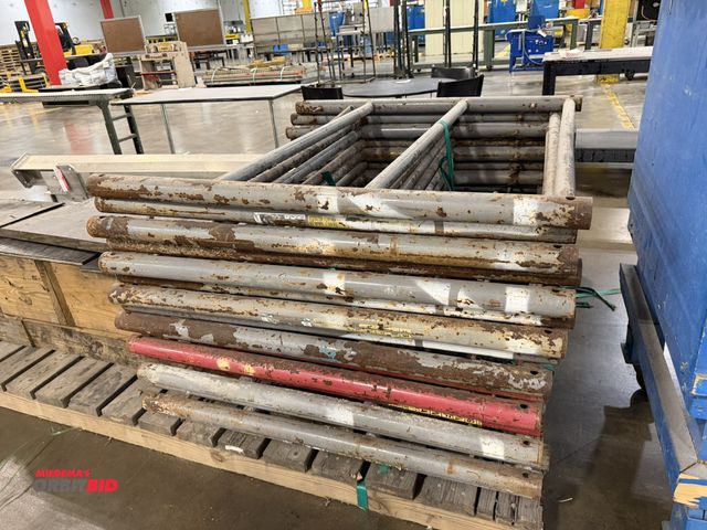 Lot 1-5423 - Lot of (15) 50" width x 48" height scaffolding uprights with approx. (15) screw-type leg stands, and...