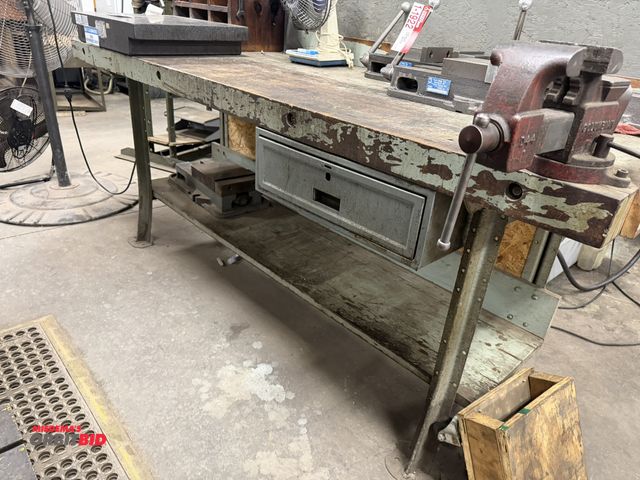 Lot 1-1925 - (1) 84" length x 36" height x 31" depth steel framed work bench with 3" thick wood top, Columbian, m...