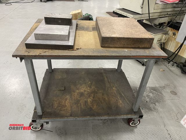 Lot 1-19456 - (1) heavy duty 48" x 36" steel shop cart, includes (1) Pink granite surface plate, 24" x 18" x 4", (...