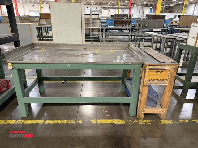 Lot 1-5282 - (1) 72" width x 36" height x 36" depth heavy duty wood framed work bench with stainless steel top, 4...
