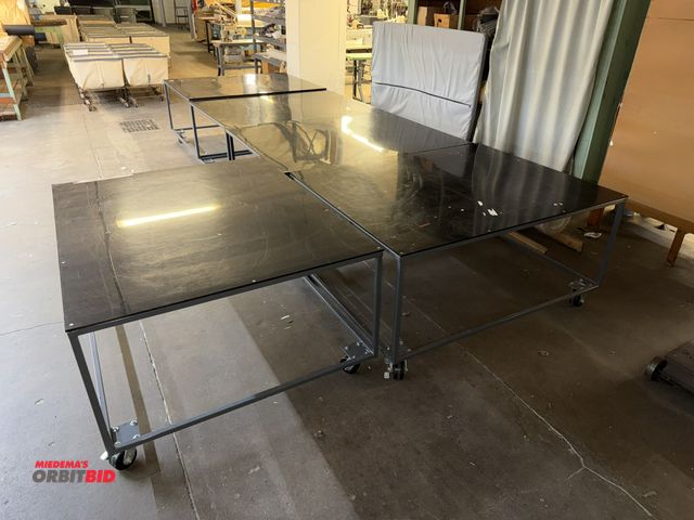 Lot 1-4838 - Lot of (5) metal framed tables on casters with plastic top, each table is 60" x 48" x 29.5" tall, wi...