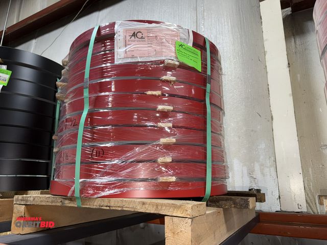 Lot 1-18781 - Lot of (11) coils of 1.5" wide x .016" thickness aluminum banding, red on one side black on the othe...