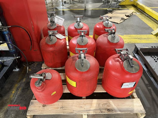 Lot 1-5386 - Lot including (8) JustRite, part #14765, 5 gallon capacity safety disposal cans, and (1) approx. 3 g...