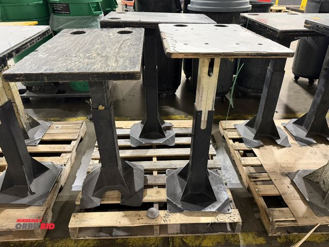 Lot 1-5358 - Lot of (3) adjustable height, heavy duty steel stands, with 28" x 19" wood composite tops (1 has Ple...