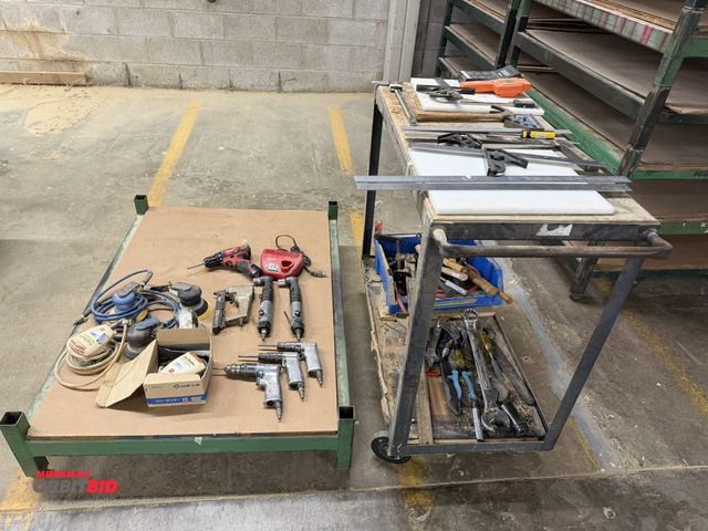 Lot 1-16222 - (1) stackable rack, and (1) 36" width x 35" height x 18" depth 2-tier steel utility cart, both with ...