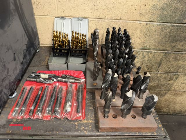 Lot 1-11056 - Lot of assorted large drill bits, (2) drill indexes of tin coated drill bits.