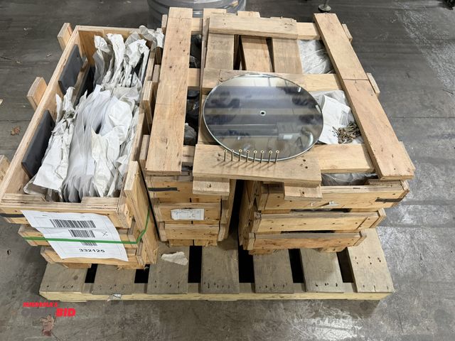 Lot 1-18660 - Large lot with (3) wood crates filled with 13" diameter mirrors, approx. 1/4" round holes in center,...