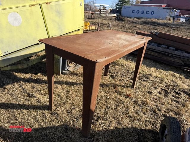 Lot 1-2907 - (1) Steel shop table, 60" x 30" x 3/8" thick top, with predrilled holes for vises or bench grinders.
