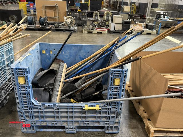 Lot 1-5451 - (1) 46" x 34" x 39" resin tote with fold down sides (1 side missing door), assorted dust mops, push ...