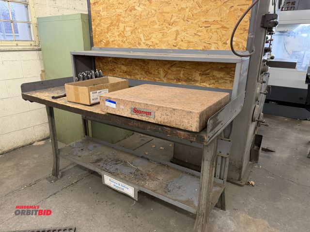 Lot 1-1667 - (1) Starrett pink granite surface plate, 24" x 18" x 4", includes metal shop table with wood top and...