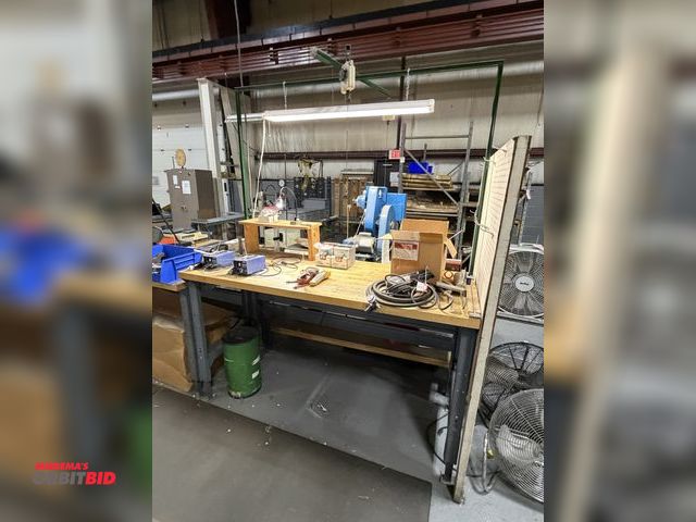 Lot 1-18862 - (1) butcher block shop table, 72" x 30" with upper LED light fixture, and (1) Aero-Motive balancer t...