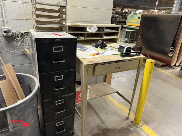 Lot 1-16514 - (1) steel foreman's work desk, 34" wide, and Anderson Hickey 4-drawer file cabinet, 15" x 25" x 52" ...