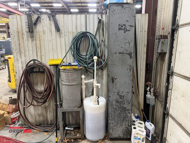 Lot 1-15366 - (1) partial drum of car wash soap, DoAll supply cabinet with assorted oils, sprays, brake fluid, bat...