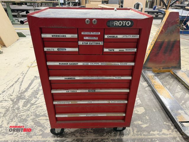Lot 1-16423 - (1) Proto rolling tool chest, 27" x 18" x approx. 42" tall, includes assorted wrenches, chisels, scr...