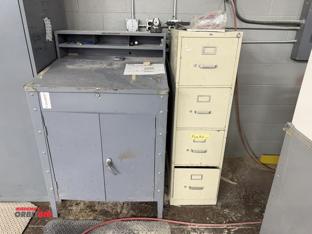 Lot 1-16466 - (1) 32" wide steel foreman's work desk, flip top, includes (1) Hon 4-drawer file cabinet.