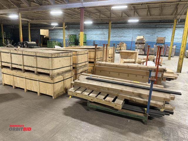 Lot 1-17567 - Lot including (10) crates, and (3) 75" length x 9" height x 35.5" depth stackable racks full of vari...