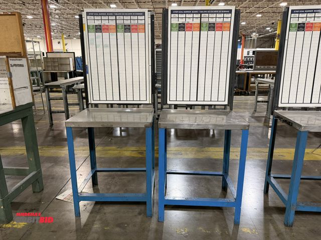 Lot 1-5284 - Lot of (2) matching 28" width x 36" height x 23" depth steel stands with stainless steel tops, both ...