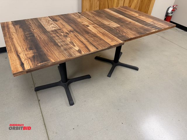 Lot 1-11176 - (2) 36" width x 30" height x 36" depth steel framed tables with wood grain colored formica tops