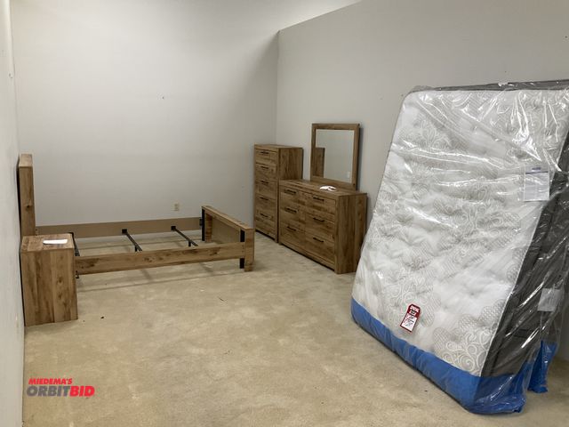 Lot 1-17253 - Bedroom set including; Queen-size bed frame, box spring, and mattress, horizontal double dresser wit...