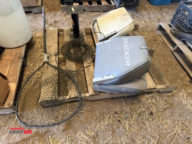 Lot 1-8541 - Lot of assorted fishing items, including Tracker boat seat, an additional flip-top boat seat, 13" bo...