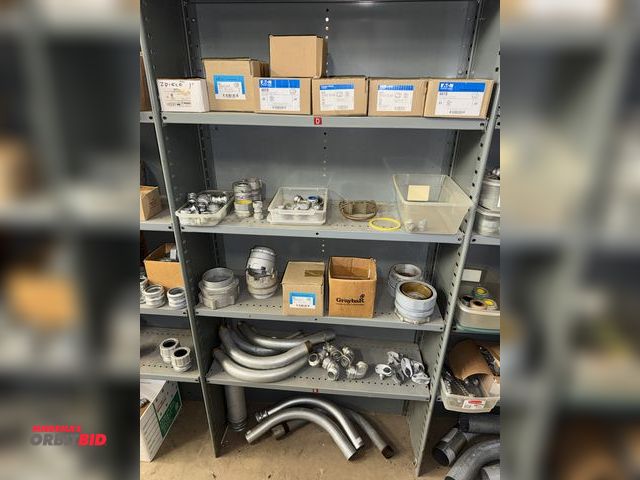 Lot 1-6387 - Contents of (5) shelves, includes assorted compression type connectors, 1 1/4" up to 3", assorted hu...