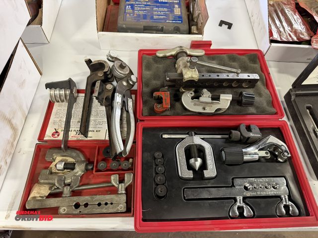 Lot 1-18487 - (1) Ridgid brake line flaring tool, (3) various brake line bending tools, (1) Old Forge #7203, doubl...