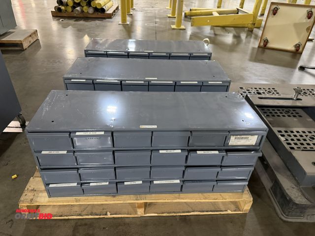 Lot 1-5495 - Lot of (3) 34" width x 14" height x 12" depth steel hardware storage units with 24 steel drawers.