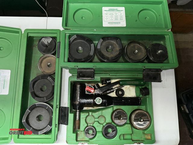 Lot 1-4114 - Lot including (1) Greenlee knock out punch set, with unknown model punch out tool, and dies 3/4" - 2...