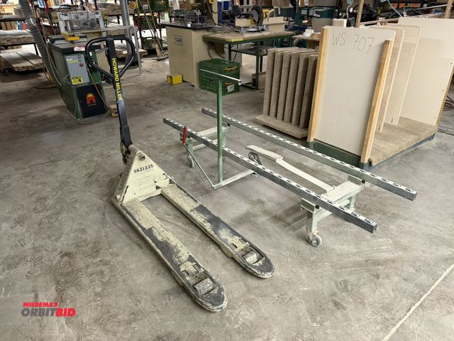 Lot 1-16684 - (1) Crown pallet jack, 5500 lb. capacity, 48" forks, 20" from outside to outside, and (1) custom rol...