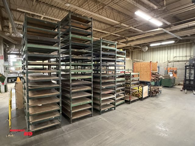 Lot 1-16747 - Lot of approx. (140) stackable steel racks, 36" width x 9" height x 48" depth, with approx. (52) ass...