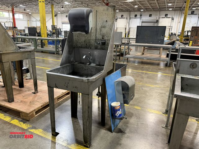 Lot 1-5163 - (1) 28" width x 38 1/4" height x 31" depth stainless steel sink with faucet and 28" tall stainless s...