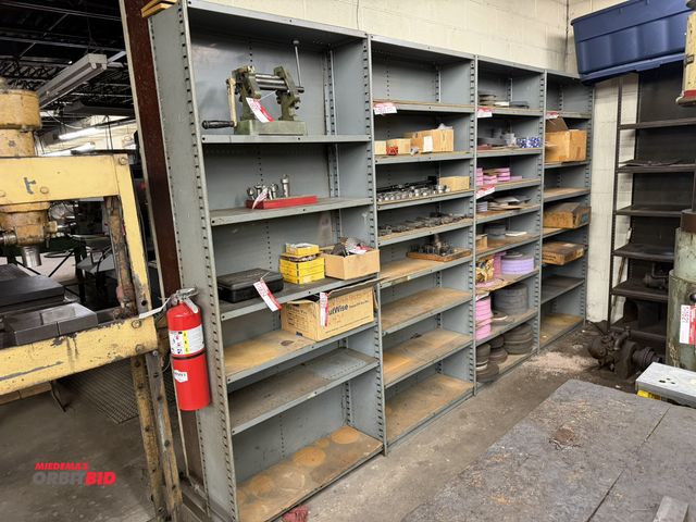 Lot 1-1831 - (1) 147" width x 87" height x 12" depth steel shelving unit with 4 sections, and 25 shelves, content...