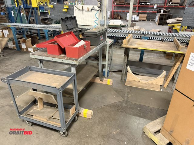 Lot 1-17521 - (1) steel table, 48" x 30", includes (2) Kennedy tool boxes with assorted hand tools, (2) Rubbermaid...