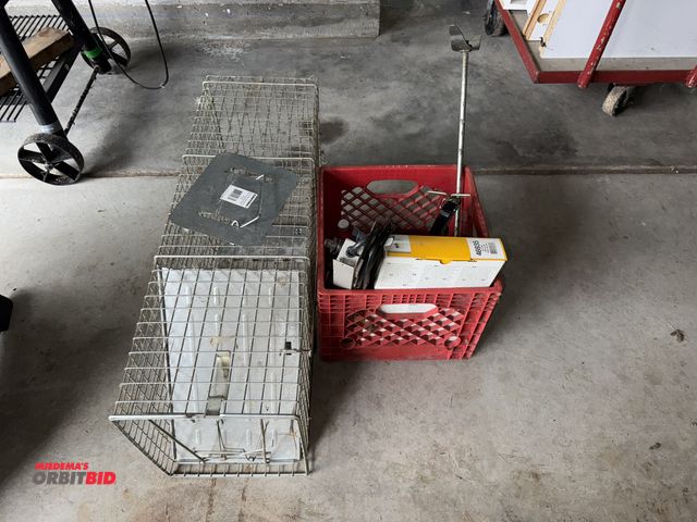 Lot 1-612 - (1) live game trap, 32" x 10" x 12" tall, Wick filter, Sweep and Ease moll trap, plug strip, and jac...