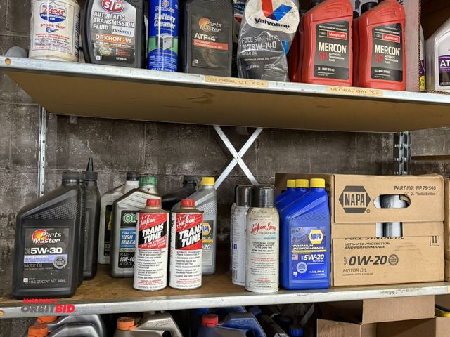 Lot 1-1222 - Entire content of shelf shown in photos, includes (2) full 1 qt. containers of Parts Master SAE 5W30...