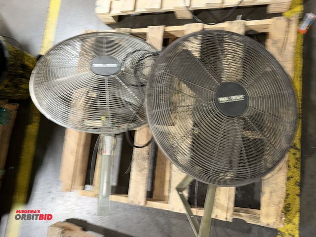 Lot 1-5344 - Lot of (2) Maxess, 120V, single phase post mount fans with approx. 26" diameter cages and 3 blades, ...