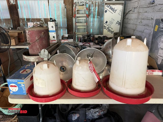 Lot 1-8367 - Lot including (2) small chicken watering items, (1) large size chicken waterer, (1) vintage chicken ...