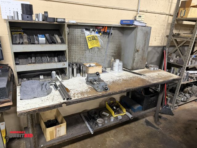 Lot 1-12455 - (1) 83" length x 35" height x 32" depth steel framed work bench with wood top, and wood lower shelf,...