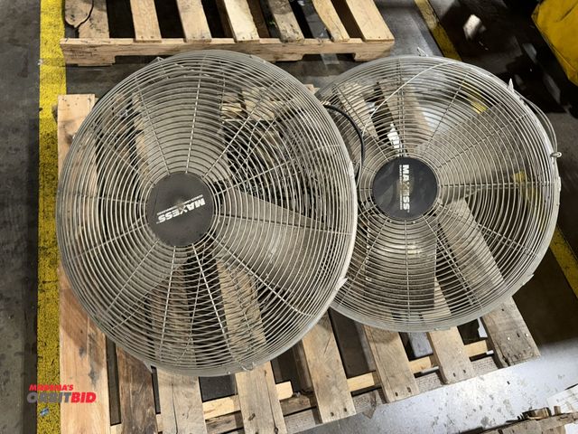 Lot 1-5347 - Lot of (2) Maxess, 120V, single phase post mount fans with approx. 26" diameter cages and 3 blades, ...