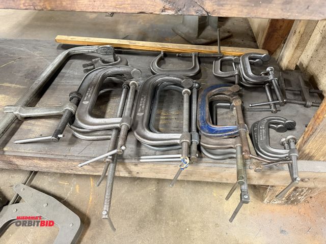 Lot 1-12433 - Lot of approx. (17) various sized C-clamps, ranging in size between 4" and 8", and (1) approx. 20" F...