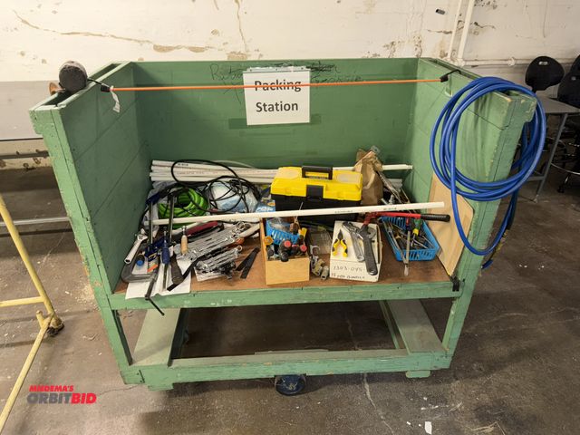 Lot 1-4829 - (1) wood cart with contents, 53.5" wide x approx. 30" deep, includes contents of assorted air hose, ...