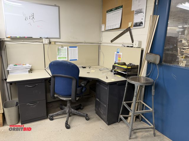 Lot 1-16355 - (1) 72" length x 29" height x 48" depth, 2-piece desk with 4 file drawers, (1) rolling office chair ...