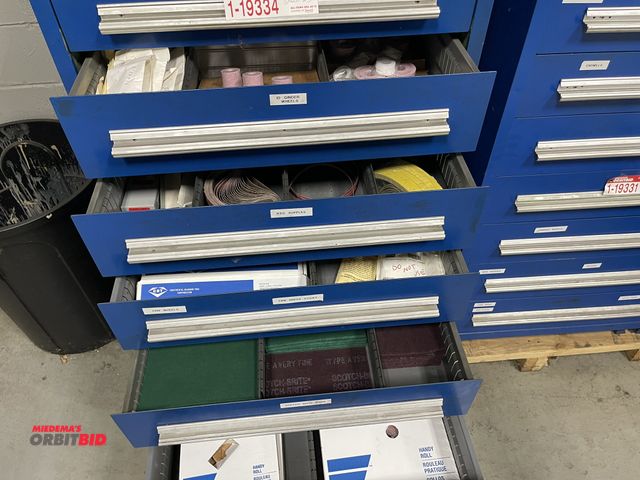 Lot 1-19335 - Contents of drawer #4 - 9, includes ID grinding wheels, Scotch-Brite pads, sandpaper rolls, sanding ...