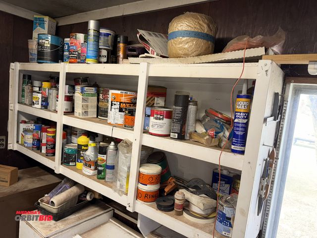 Lot 1-12135 - All Contents of shelves, includes sprays, paints, oils, Liquid Nails, and much more, winning bidder ...