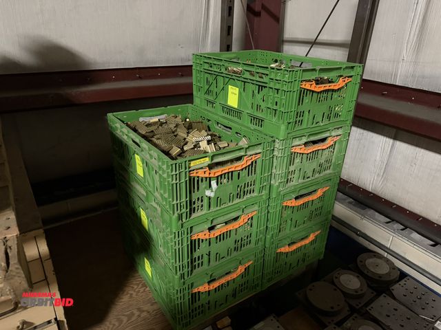 Lot 1-18748 - Lot of (9) collapsible, stackable crates with plastic pendulum rod brackets.