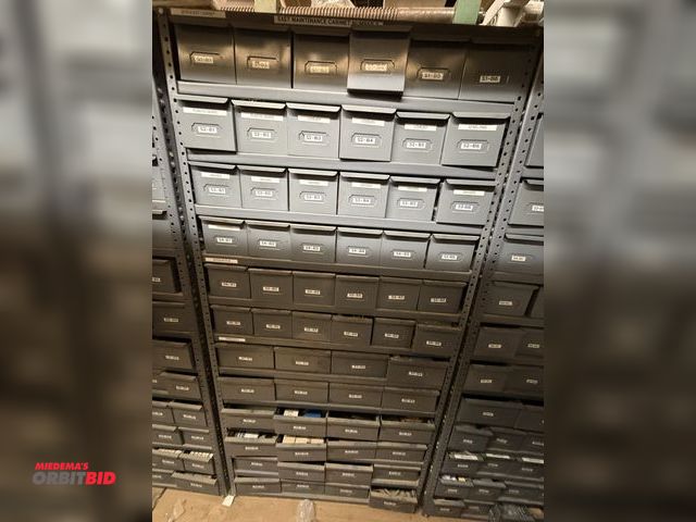 Lot 1-16829 - (1) metal parts bin shelving unit, 35.5" wide x approx. 17" deep x 73" tall, includes contents of as...