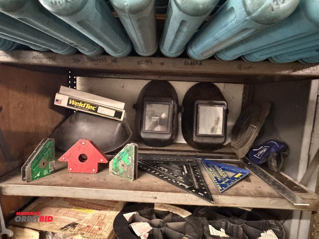 Lot 1-6456 - Lot of (2) magnetic welder's squares (3 3/4" x 4 1/4"), (3) various welding helmets, (1) 12" speed s...