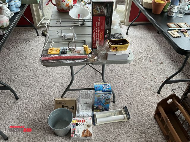 Lot 1-19316 - Lot of assorted household items includes storage utility trays, aqua globes, paper towel holder, sna...